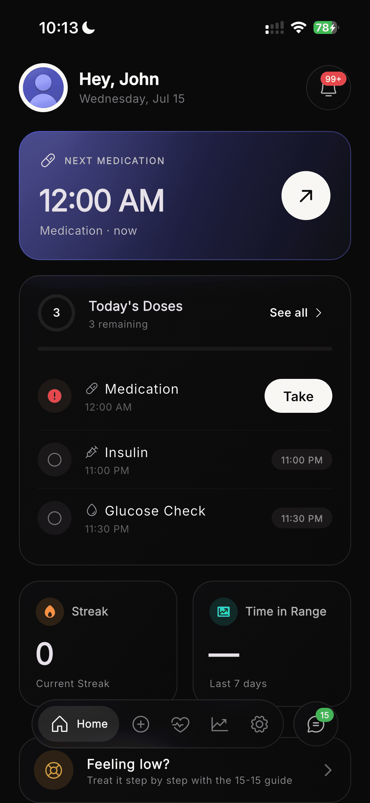 Dossly home screen showing today's doses, current streak, and time in range